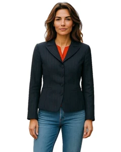 Tahari Tuxedo Style Blazer Sz 2  Black Pinstripe  4 Button Red Satin Lined - Picture 1 of 17