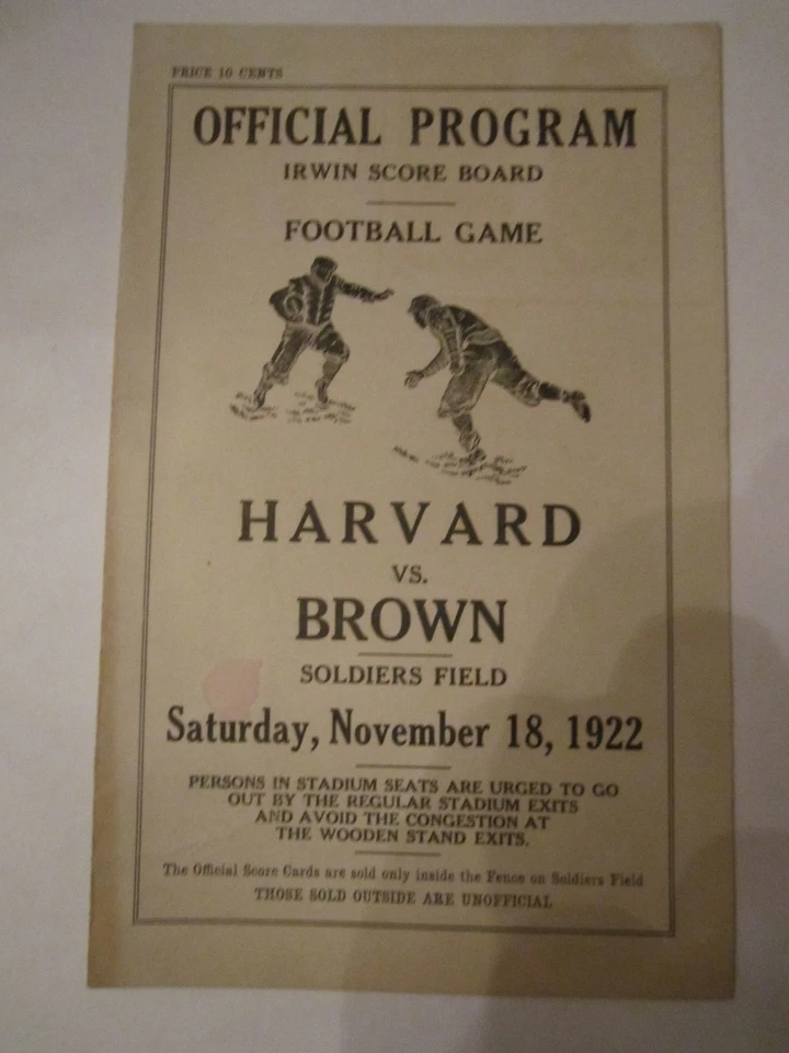 1922 HARVARD VS BROWN COLLEGE FOOTBALL OFFICIAL PROGRAM SCORE CARD - TUB A - Image 1 of 3