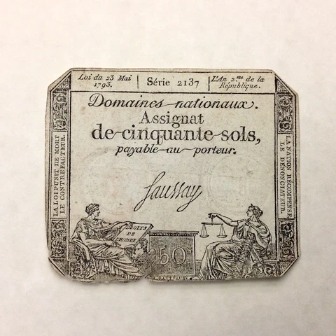 ~1793  France Assignat 50 Sols - French Revolution Banknote - FREE US SHIPPING Cover