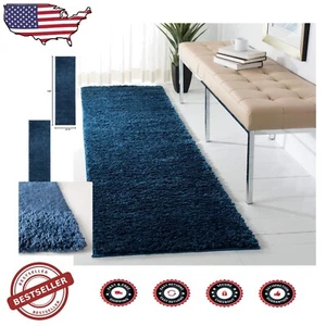 August Shag Runner Rug - 2'3" x 12' Navy Non-Shedding Beauty for High Traffic - Picture 1 of 10