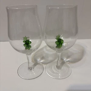 Wine Glass Pair w/ Figural Green Grape Cluster ART Barware 6.75” - Picture 1 of 4