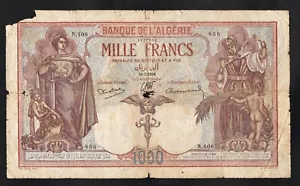 1938 Algeria 1000 francs, missing corner piece. NET Fine, P#83a. - Picture 1 of 2