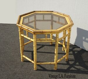 Vintage Mid Century Bamboo Rattan Octogon End Table Side Table 