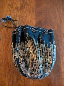 VTG 1970s Black Evening Bag Small Purse Gold Sequins Drawstring See Pics 33RS - Picture 1 of 6