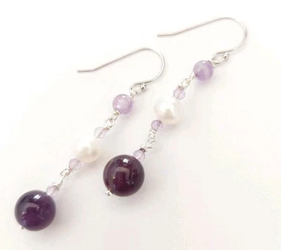 Orecchini in argento 925 pietre ametista naturale e perle bianche regalo Natale - Immagine 1 di 4