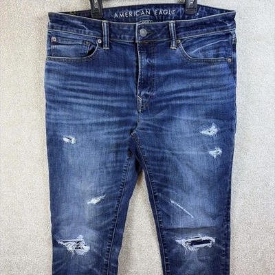 Pantalones de mezclilla para hombre American Eagle **34x36 azul atléticos ajustados preppy desgastados Foto 1 de 4