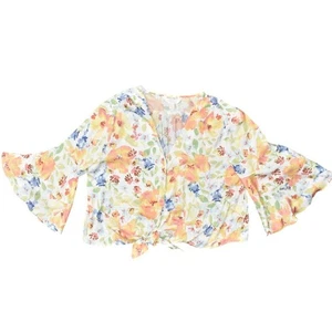 Lauren Conrad Multicolor Floral V Neck Crop Blouse Size L Polyester 3/4 Sleeve - Picture 1 of 8
