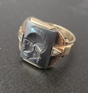 ECCO 1930's 10k Yellow Gold Diamond Hematite Roman Soldier Ring 4.87g Size 8.25 - Picture 1 of 16