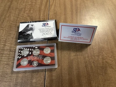 Juego de 5 monedas de prueba de plata de 50 cuartos de dólar de la Casa de la Moneda de Estados Unidos 2005-S certificado de autenticidad OGP 90 % plata gema Foto 1 de 4