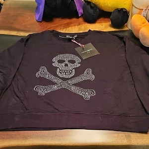 Cynthia Rowley Soft Black Sweatshirt With Rhinestone Skull And Crossbones New - Picture 1 of 3