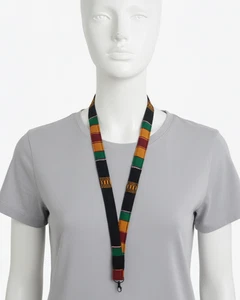 Black African Kente Lanyard Keychain Authentic Cloth, Black Swivel Hook Clasp - Picture 1 of 2