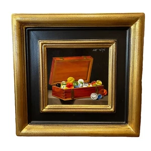 Pintura al óleo original Scott Royston a bordo caja de mármol bodegón firmado enmarcado - Imagen 1 de 12