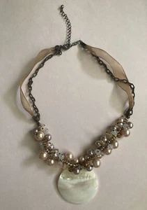 Cookie Lee Pearl Beaded Shell 18” Bronze Necklace Brown Tan Chiffon Ribbon EUC - Picture 1 of 15