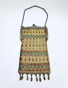 Antique Art Deco ELSAH Whiting & Davis Enamel Mesh Purse w/ Gold Drops - Picture 1 of 7