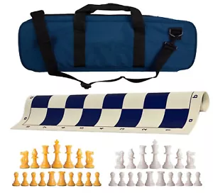 Juego de ajedrez de lujo de peso único azul marino - tablero, bolsa con piezas amarillas y blancas - Imagen 1 de 5