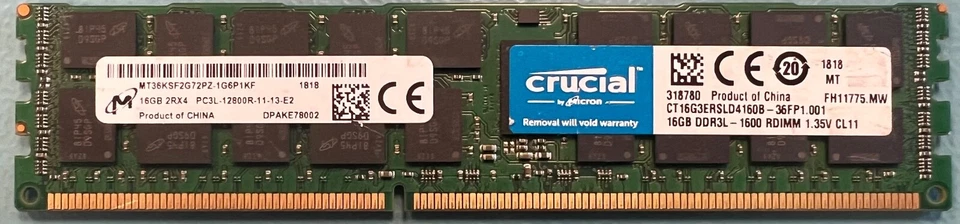 Crucial CT16G3ERSLD4160B 16GB PC3-12800 DDR3-1600Mhz RDIMM Server Memory RAM - Image 1 of 1