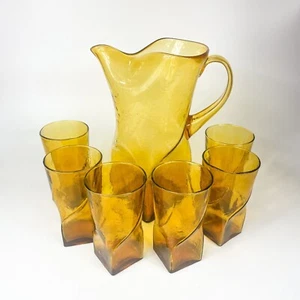 Morgantown Swirl Topaz Mid Century Modern Art Glass Water Pitcher and 6 glasses - Picture 1 of 10