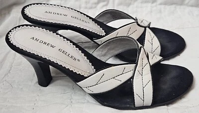 Andrew Geller Darling 黑色白叶图案高跟鞋拖鞋,尺寸 6 M皮革 — 第 1/4 张图片