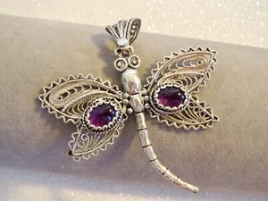 DCS Brand made in TURKEY Sterling Silver & Amethyst DRAGONFLY PENDANT 2.25" Long - Picture 1 of 8