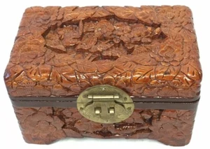 Vintage Jewelry Box Carved Wood Floral Green Silky Asian Lined Footed Brass - Picture 1 of 12