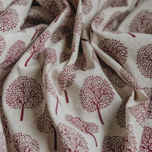 Wine Burgundy Red Tree Print on Natural Cotton & Linen Mix Light Canvas Fabric - Picture 1 of 6