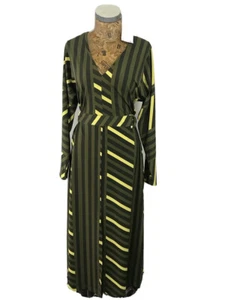 NEXT DRESS 12 NEW KHAKI OLIVE GREEN Yellow Stripe Maxi Belt Long Sleeve BNWT £50 - Picture 1 of 24