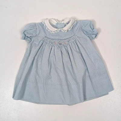 Vestido Polly Flinders Vintage Bebê Meninas Tamanho 12m Azul Claro Ponto Suíço Smocked - Imagem 1 de 4