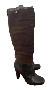NINE WEST Knee High Boots Chocolate Brown Suede Leather Heeled Ruched UK 5 US 7 - Picture 1 of 12