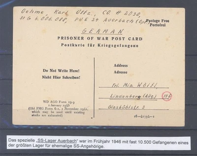 Dt. Feldpost 2. WK, Kriegsgefangenenpost 1946 "SS - Lager Auerbach" (10251) - Bild 1 von 2