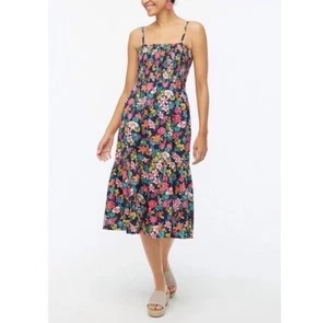 J. Crew Floral Smocked Tiered Sleeveless A-Line Midi Sun Dress M Boho Navy Pink - Picture 1 of 14