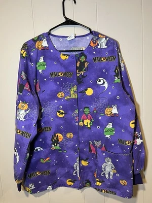 Simply Basic Scrub Jacket Halloween VTG Size Medium Witch Pumpkin Cats  - Image 1 of 4