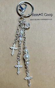 3 Crosses W White Pearls 1st Communion Handbag Charm Key Chain handmade USA 1983 - Picture 1 of 3