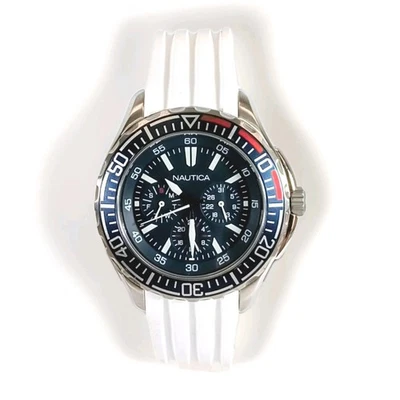 Nautica 45 MM  BFD 101 Series Dive Watch White Silicone Strap Blue Dial NOS - Image 1 of 4