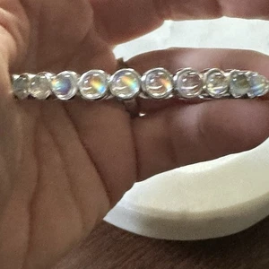 Sterling Silber Regenbogen Mondstein Scharnier Armreif  - Bild 1 von 9