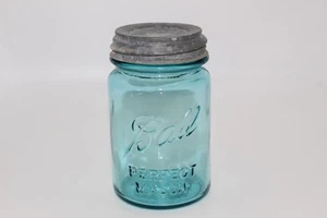 Tarro de conservas vintage Ball Perfect Mason #1 azul/verde de vidrio con tapa - Imagen 1 de 6