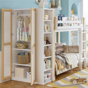 90x200cm Etagenbett Kinderbett Holzbett mit Lattenrost, Kleiderschrank, Regalen - Bild 1 von 11
