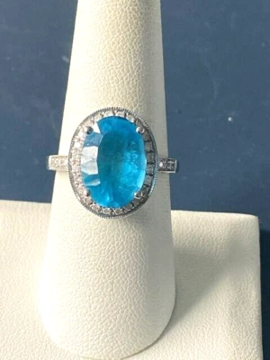 ANILLO CÓCTEL ORO BLANCO 14K TOPACIO AZUL Y DIAMANTES TALLA 8,25 Foto 1 de 4