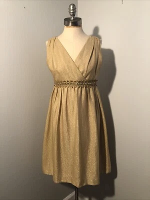 VTG 60s Leslie Fay Metallic Gold Knit Cocktail Party Dress M Empire Rhinestones - Image 1 of 4