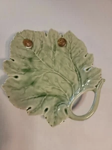 LEAF SHAPED PORCELAIN TRINKET DISH 9" L X 7.5 W COLOR GREEN and acorns. - Picture 1 of 8
