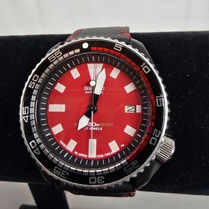 Seiko Automatic Mens Watch 150m 17j Red Dial Black Leather 7002-7003 Dagaz MOD - Picture 1 of 10
