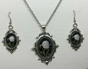 Schwarze Kamee Halskette Set BOTANISCH SILBER P MONTIERUNGEN VIKTORIANISCH WEISSE PFINGSTROSE BLUME - Bild 1 von 9