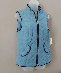 Charter Club Size S Women's Blue Azur StandCollar Snap Pockets Trim Quilted Vest - Picture 1 of 14