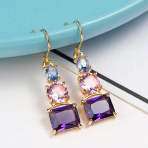 Dazzling Square Amethyst Blue Pink Topaz Rose Gold Dangle Earrings Holiday Gift - Picture 1 of 5