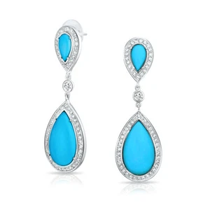 Blue Pear CZ Halo Turquoise Dangle Chandelier Earrings Silver Plated Teardrop - Picture 1 of 3