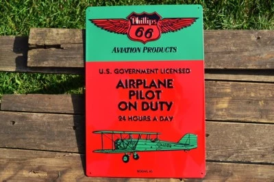 Phillips 66 Aviation Products Embossed Tin Sign - Airplane Pilot Boeing Model 40 - Image 1 of 4