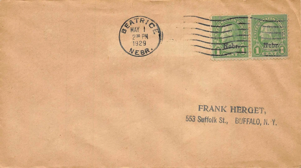 669 1c Nebraska pair tied by Beatrice, NE machine cancel May 1, 1929 [421251] - Image 1 of 1