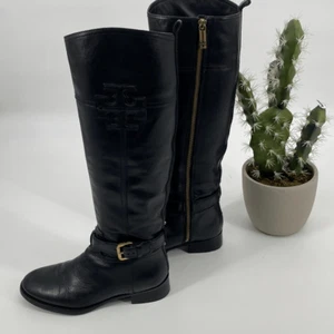 Tory Burch Leather Knee High Logo Riding Boots Black Size 6 - Picture 1 of 16