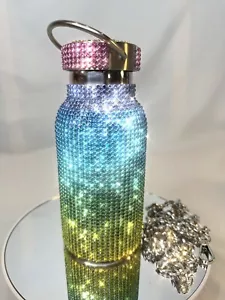 Rhinestone Water Bottle Crazy Sparkle With Chain Ombré Rainbow Diamond Steel - Picture 1 of 10