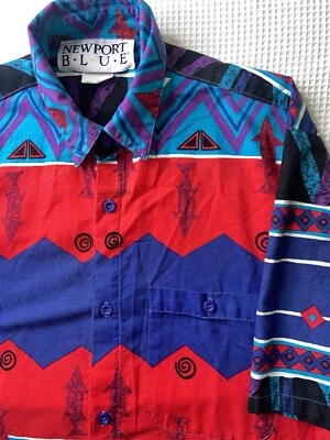 复古 80 年代 NEWPORT 蓝色抽象阿兹特克夏威夷 Bu 衬衫男式中号美国几何图案 — 第 1/4 张图片