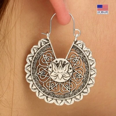 Fashion Women Vintage Ancient Silver Earrings 3D Hollow Carved Flowers 1967 - Image 1 of 4